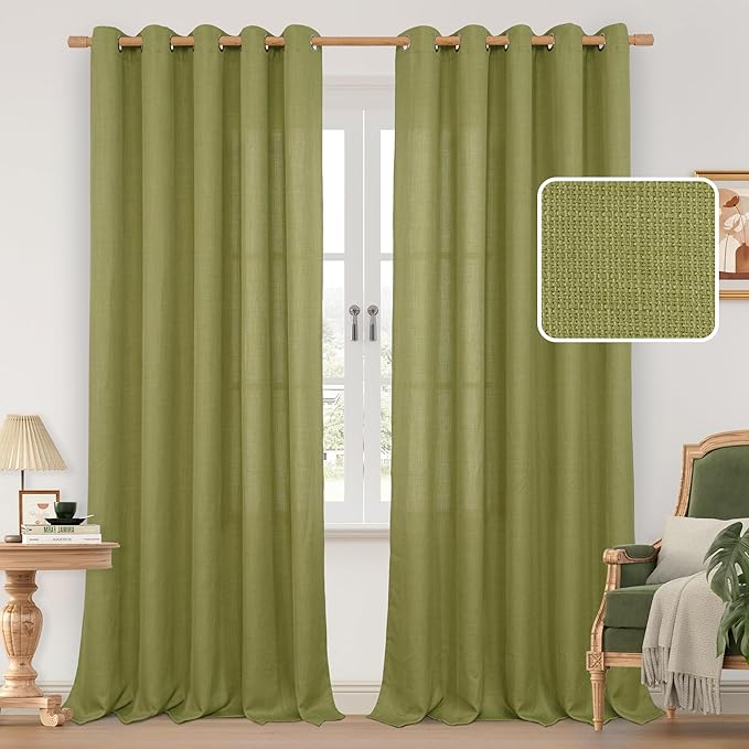 60 Inch Wide Linen Curtains for Living Room 2 Panels, Moss Green | Light by LAMIT