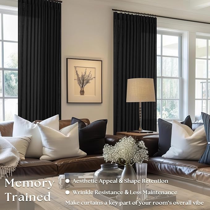 Black Pinch Pleated Linen Semi Sheer 84 Inch Curtains 2 Panels | Light Filtering - Image 2