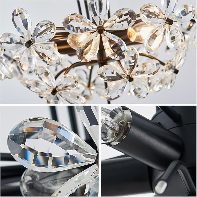 WUZUPS Crystal Chandelier Pendant Flushmount Ceiling Light Modern Lighting Fixture for Bedroom Hallway Bar Kitchen Bathroom, H 15.7" x W 17.7", Black, E12 Base
