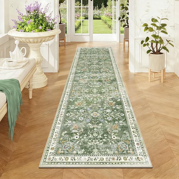 Yamaziot 2x7 Washable Hallway Runner Rug Non Slip Floral Carpet, Sage Green | - Image 3