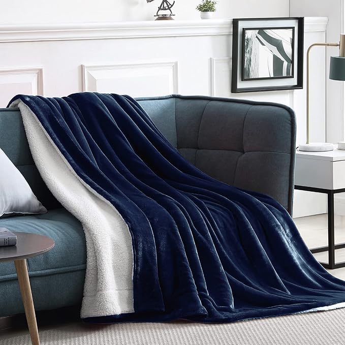 Walensee Sherpa Fleece Blanket (King Size 108”x90” Navy) Plush Throw Fuzzy Super Soft Reversible Microfiber Flannel Blankets for Couch, Bed, Sofa Ultra Luxurious Warm and Cozy for All Seasons