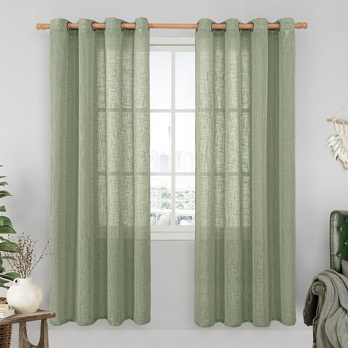 Sage Green Linen Sheer Curtains 80 inch by LAMIT