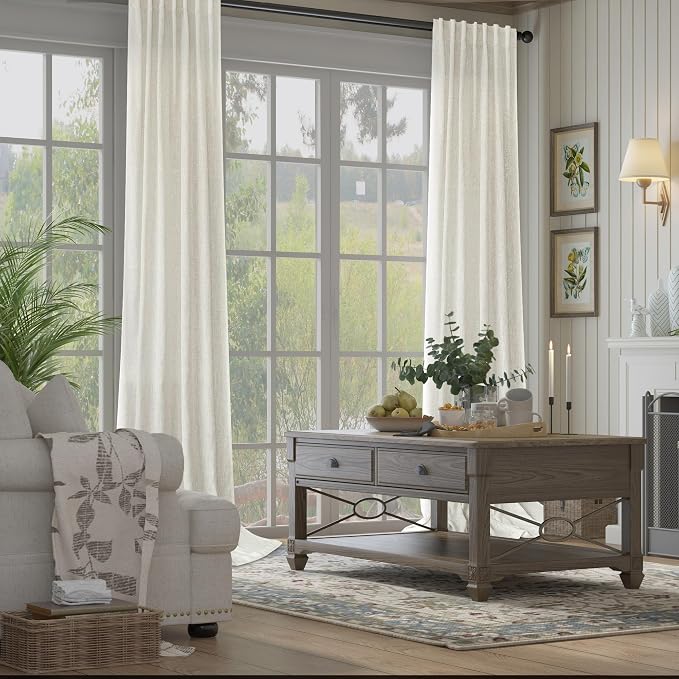 Semi Sheer Linen Curtains 110 Inches Long 2 Panels Set Cream Ivory Living Room - Image 3