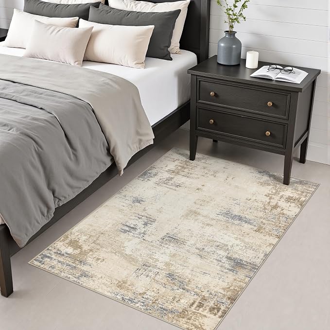 Area Rug Living Room: 3x5 Modern Washable Soft Carpet Beige Brown | - Image 4