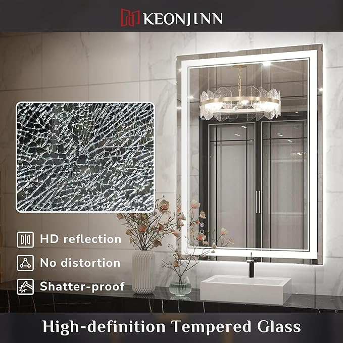 Keonjinn 55 x 30 Inch Bathroom LED Mirror, Oversized Lighted Bathroom Mirror, UL Listed LED Driver, HD Tempered Glass, Easy Installation, Anti-Fog, Memory Dimmable 6000K, CRI 90+(Horizontal/Vertical)