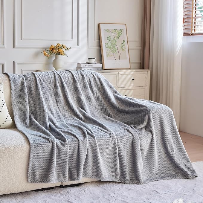 NEWCOSPLAY Super Soft Queen Blanket Grey Premium Silky Flannel Fleece Leaves Pattern Lightweight Bed Blanket All Season Use (Grey, Queen(90"x90"))