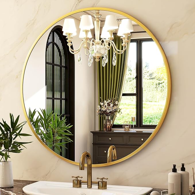 HARRITPURE Round Mirror 30 Gold Wall Mounted Circle Mirrors Vanity Mirror with Brushed Aluminum Alloy Frame Modern Decoration for Bathroom, Living Room, Vanity, Bedroom, Entryway