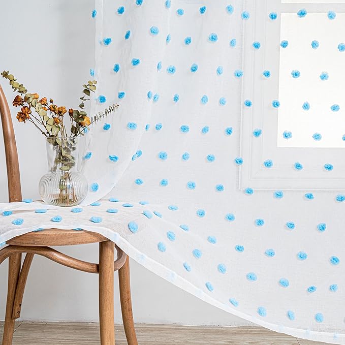 MYSKY HOME Light Blue Pom Pom Sheer Curtains for Girls Bedroom - 45 Inch, Light Filtering, Nursery, Kids Room, Rod Pocket, Cafe Style, Small Window Panels, 52 x 54 in, Set of 2