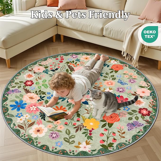 PLHXFR Round Area Rug Living Room: 4 ft Floral Washable Soft Carpet Green | - Image 8