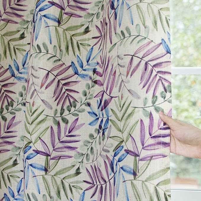 Yakamok 84 Inches Blue and Purple Leaves Linen Curtains - Image 5