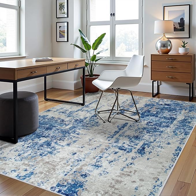 5x7 Area Rugs for Living Room Washable Bedroom Dining Room Blue Grey White | - Image 3