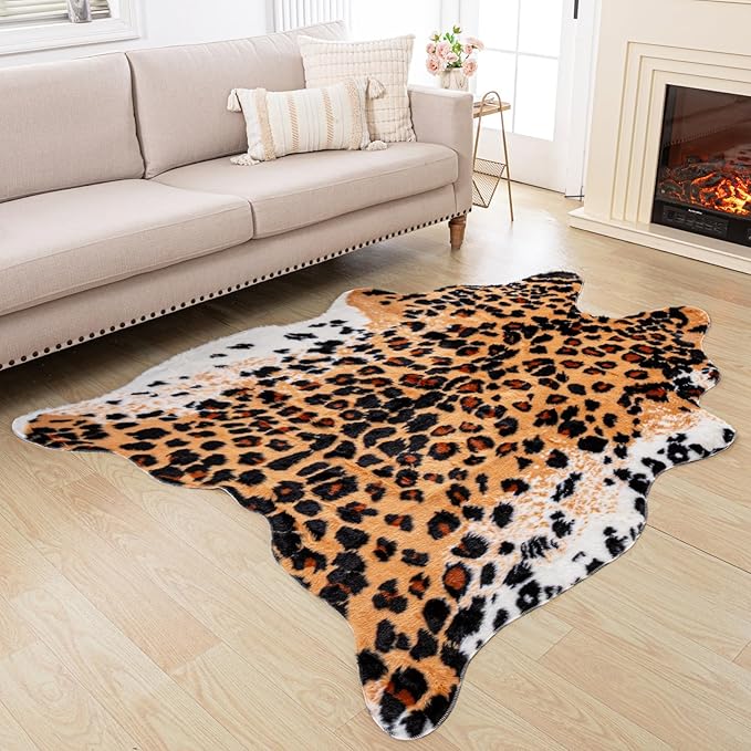 Huichenxing2021FURSTORE Faux Fur Leopard Cheetah Print Rug Brown 5.3x6.7ft | by Huichenxing2021FURSTORE