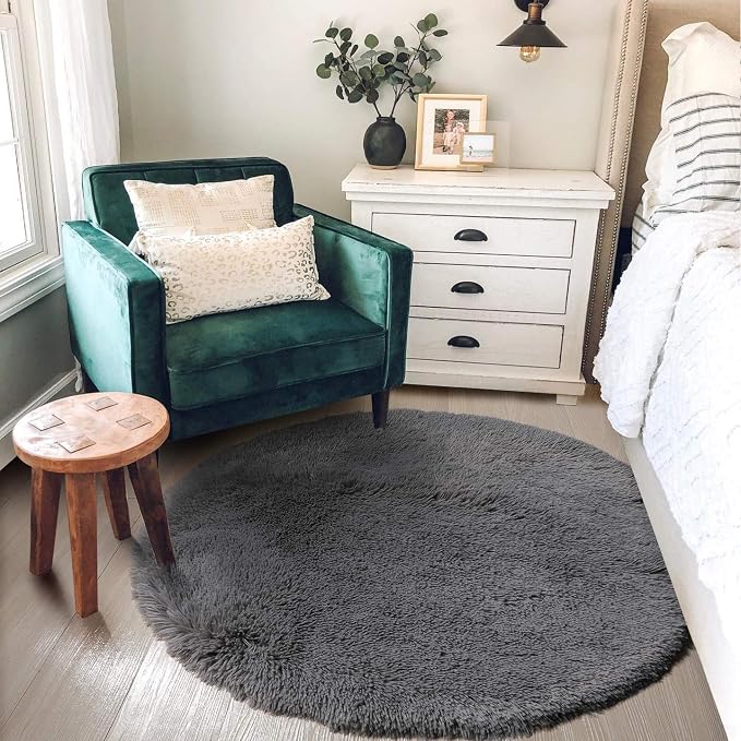 Amdrebio Grey Round Fluffy Area Rug 5Ft - Image 5