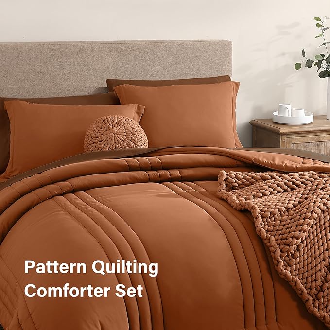 Monbix Queen Comforter Set - 7 Pieces Burnt Orange Bed in a Bag Queen Bedding Sets with Comforters, All Seasons Fall Comforter Bed Set with Sheets,Pillowcases & Shams