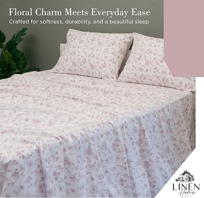 Linen Home 100% Cotton Printed Percale Sheets Queen Size, Deep Pocket, 4 Pieces Set - 1 Flat, 1 Deep Pocket Fitted Sheet and 2 Pillowcases, Crisp Cool and Strong Bed Linen, Mauve Botanical Floral