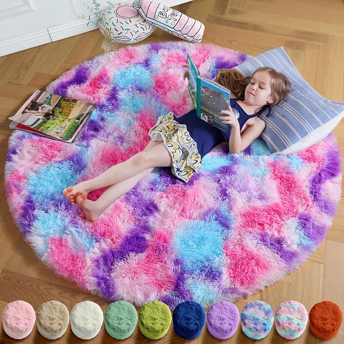 Amdrebio Pink Blue Purple Small Round Circle Rug 3Ft by Amdrebio