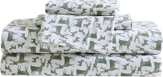 Eddie Bauer - Flannel Sheets King Size, Anti-Pilling & Wrinkle Resistant Cotton, Touchably Soft for All-Season Comfort - Bed Sheets with Matching Pillowcases & Fitted Sheet (Deer Camp Green)