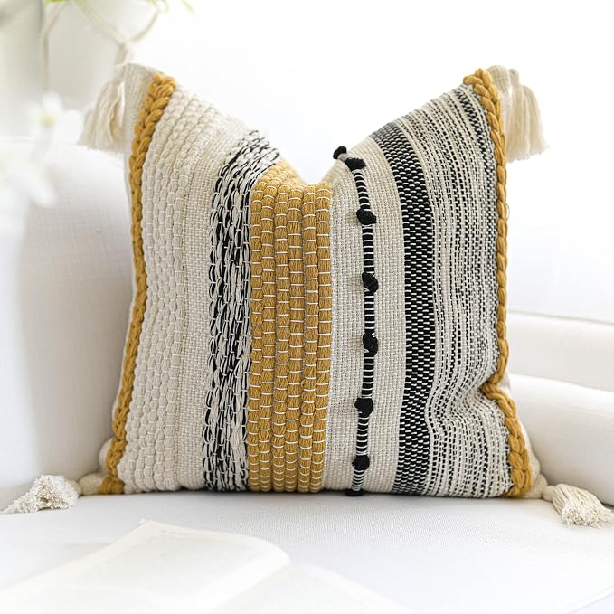 Boho Decorative Throw Pillow Cover 22x22 Square Yellow Mustard Accent - Image 6