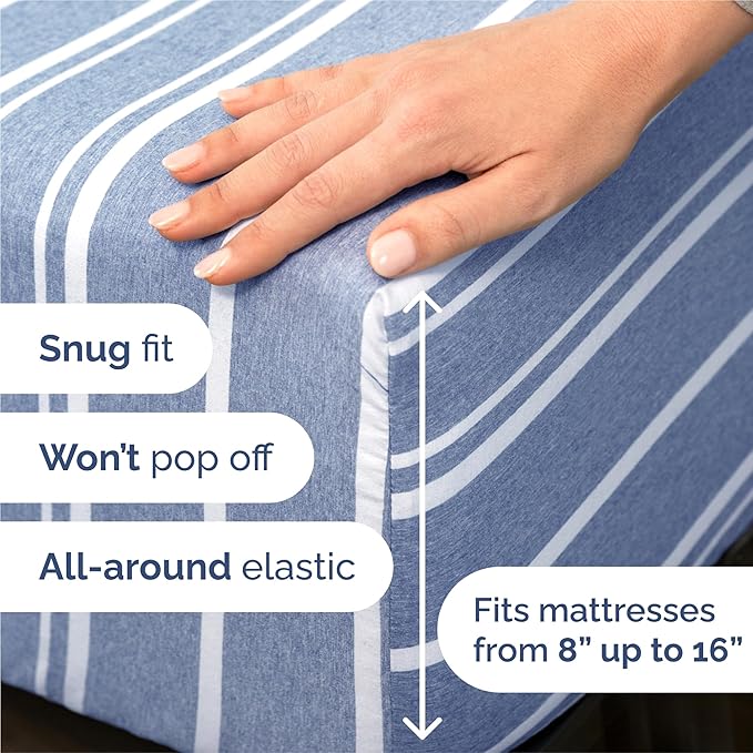 Split King 7 Piece Sheet Set - Comfy Breathable & Cooling - Soft Hotel Luxury Bedding Set w/ 8-16 Inch Deep Pockets - 1 Flat & 2 Fitted Sheet & 4 Pillowcases - Cozy and Wrinkle Free - Blue Stripes 3