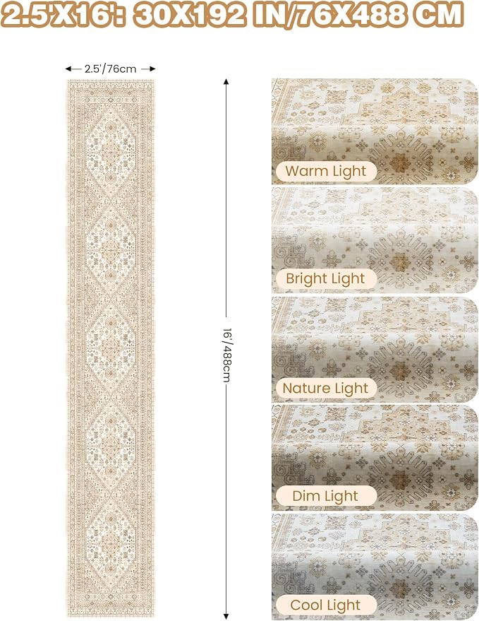 Washable Runner Rug 2.5x16, Non-Slip Long Kitchen Rugs, Cream/Beige | Vintage - Image 2
