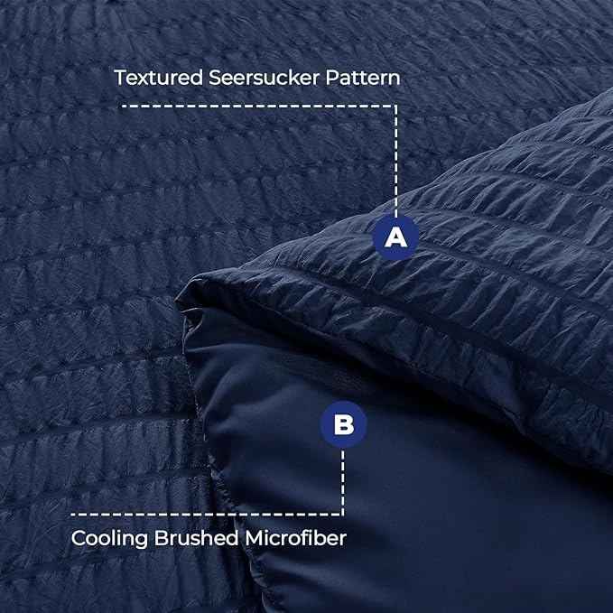 HYMOKEGE Navy Blue Queen Comforter Set Seersucker 7 Pieces, All Season Luxury Bed in a Bag for Bedroom, Bedding Set with Comforters, Sheets, Pillowcases & Shams