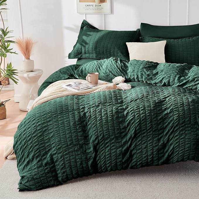 HYMOKEGE Emerald Green Full Size Comforter Sets Seersucker 7 Pieces, All Season Luxury Bed in a Bag for Bedroom, Bedding Set with Comforter, Sheets, Pillowcases & Shams