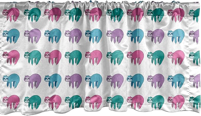 Ambesonne Funny Sloth Window Valance, Colorful Art Repeating Lazy Animal on Plain Backdrop, Curtain Valance for Kitchen Bedroom Decor with Rod Pocket, 42" x 12", Dark Seafoam Pink