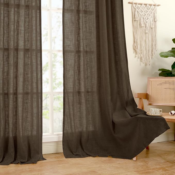 Dark Brown Linen Curtains, Light Filtering Panels, 52 x 96 Inch | Semi Sheer - Image 9