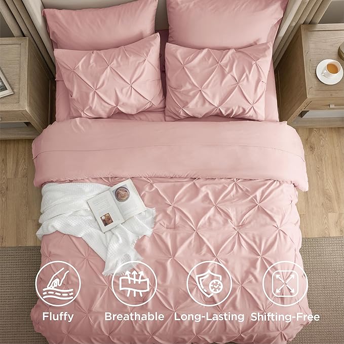 Bedsure King Size Comforter Set Pink - Bed in a Bag Bedding Set 7 Pieces, GentleSoft™ Pintuck Bed Set Gift for Family, Pinch Pleat Pink Comforter with Sheets, Pillowcases & Shams