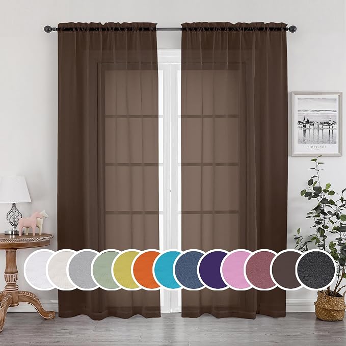 Sheer Curtains 63 inch Length 2 Panels Set, Rod Pocket Voile Fimly Sheer Drapes by OWENIE