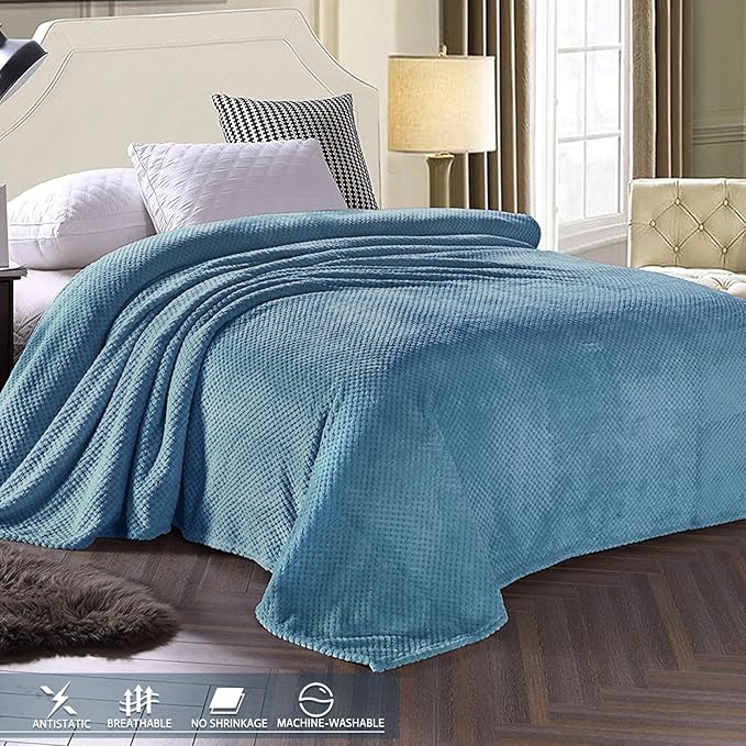 Exclusivo Mezcla Soft Waffle Fleece Bed Blanket Twin XL Size, Slate Blue | - Image 4