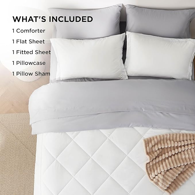 Bedsure Twin XL Comforter Set - 5 Pieces Reversible White and Grey Bedding, Twin XL Bed Set for All Seasons, Bed in a Bag with Down Alternative Comforter, Grey Sheets, Pillowcase & Sham