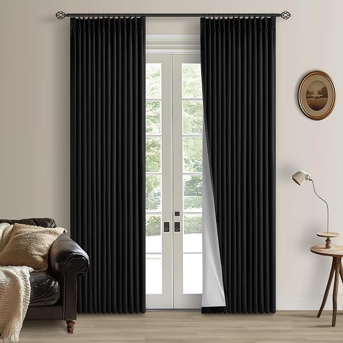 Black Pinch Pleated Full Blackout Linen 80 Inch Window Curtains 2 Panels | 100% by Twodrapes