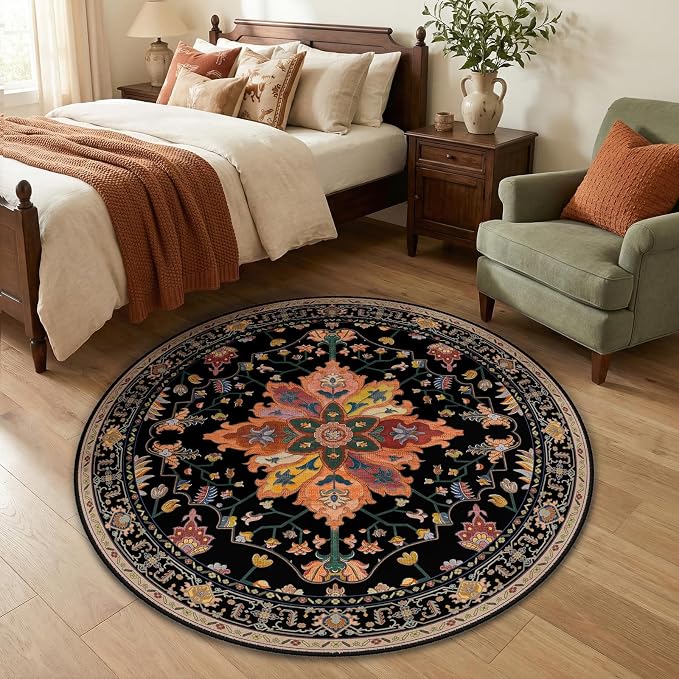 RELEANY Washable Area Rug, Round 4ft, Water Repellent, Pet Friendly, Vintage by RELEANY