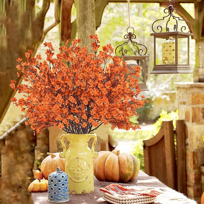 Uieke 6Pcs Artificial Fall Flowers Babys Breath Flower Bulk Fake Orange Silk Flowers Artificial Gypsophila Bouquet Floral for Home Festival Wedding Party Décor