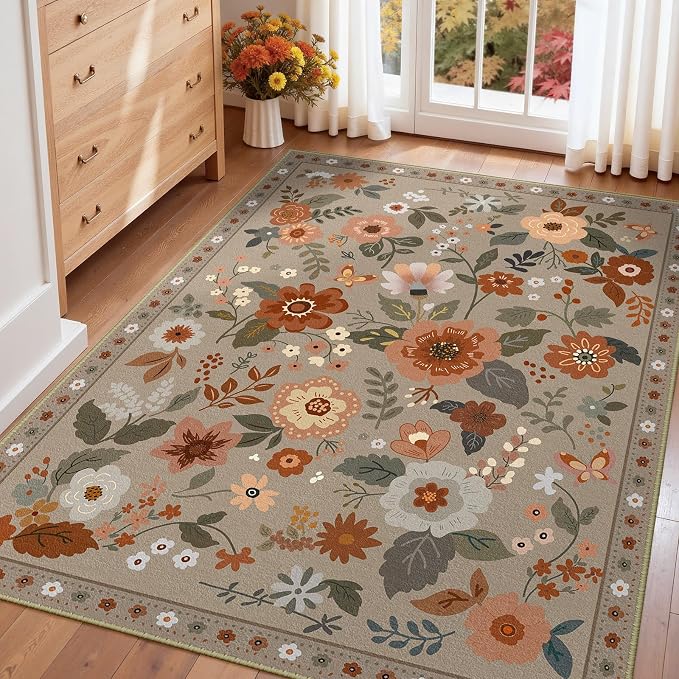 RELEANY Floral Washable 3x5 Area Rugs Brown/Brick | Flower Carpet Print Boho - Image 6