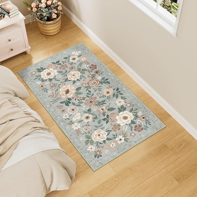 DUKINO 2x4 Entryway Rug, Floral Washable Kitchen Rugs Non Slip, Sage Green | - Image 3