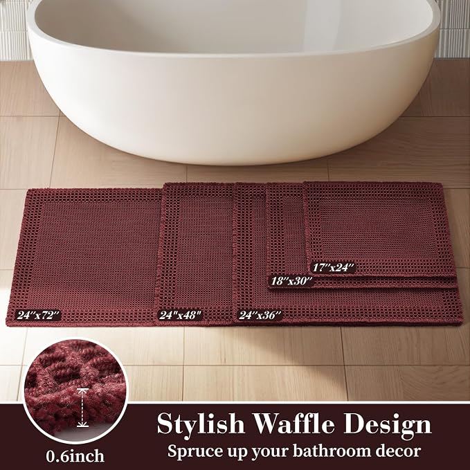 RESARE Waffle Bath Mat for Bathroom Non Slip Bathroom Rugs 24"x36" Dark Red | - Image 5