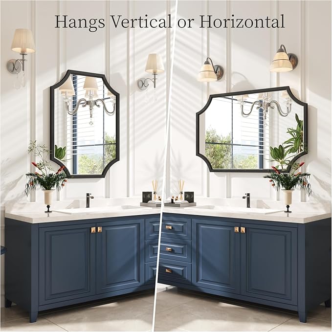 Kelly Miller Scalloped Black Bathroom Mirror for Wall, 24"x36" Black Mirror Decorative Wall Mirror Art Framed Mirror Bevelled for Master Bath Half Bath Living Room Fireplace Mantle Entryway Hallway