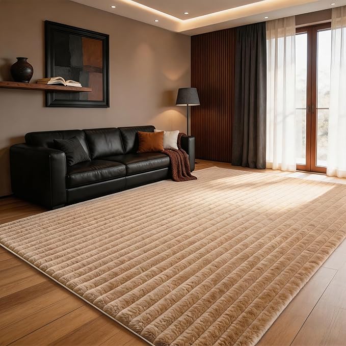Coffee Rabbit Striped Plush Rug 6'x9', Fluffy Shaggy Area Rug - Image 3