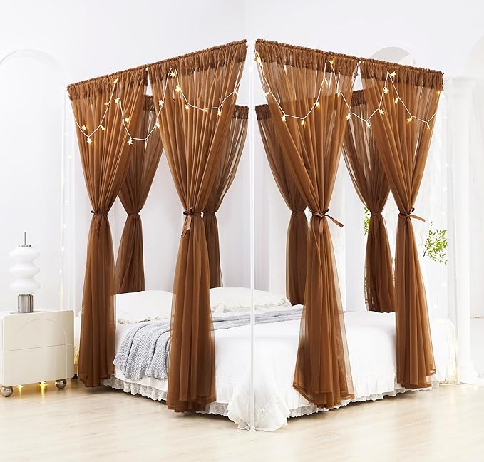 Akiky Canopy Bed Curtain with Lights Bed Drapes for Girls Adults Soft Bed Canopy Scarf for Bed Room Decoration (Full/Queen, Coffee)
