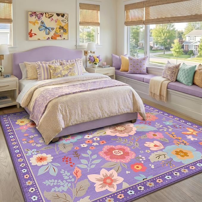 RELEANY Floral Washable Square 8ft Area Rug Purple/Pink | Flower Carpet Print - Image 2