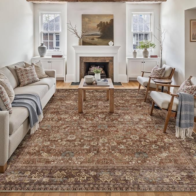 6x9 Brick Red Vintage Floral Washable Area Rug by HUGEAR