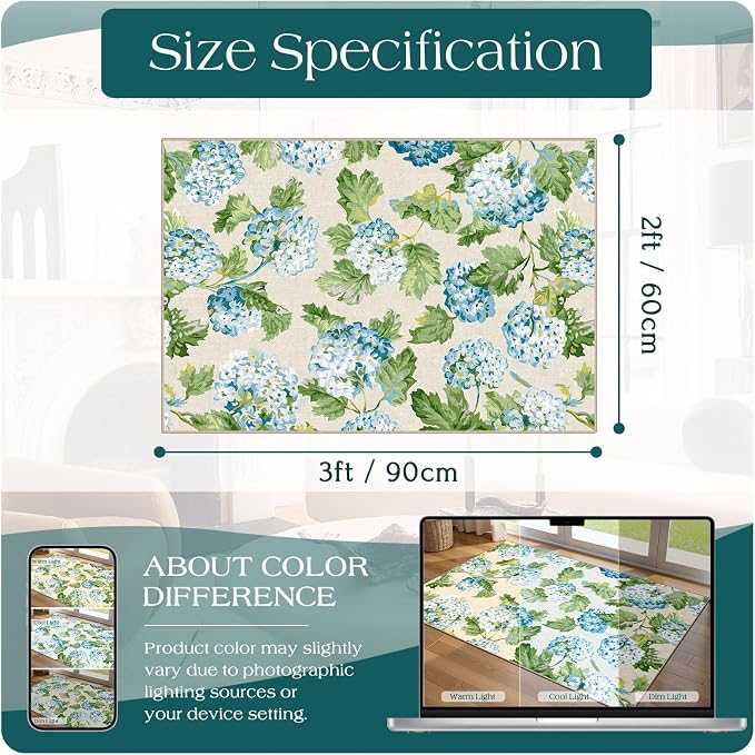 Front Door Mat Indoor Outside Entrance 2x3 Blue Hydrangea Entry Rug | Non-Slip - Image 2