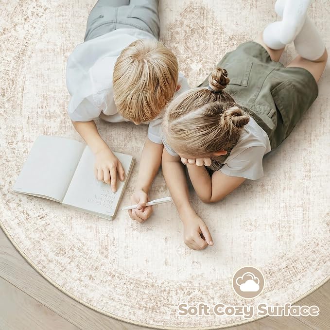 Round Rugs 6ft Washable Rug, Vintage Boho Medallion Rugs Non-Slip Soft Low Pile - Image 5
