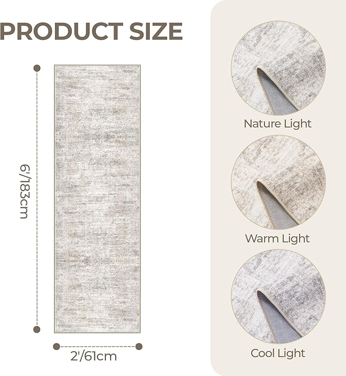 2x6 Runner Rug Non Slip, Washable Hallway Runner Rug, Taupe | Neutral Rugs - Image 2