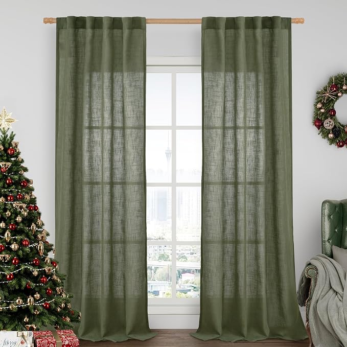 Olive Green Linen Curtains for Living Room 84 inch Length 2 Panels | Light by LAMIT