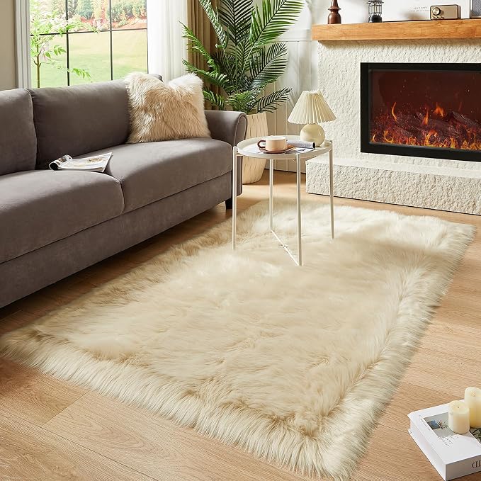 AMTOVO Faux Fur Sheepskin Rug for Living Room, 4 x 6 ft Beige Fluffy Area Rug - Image 7