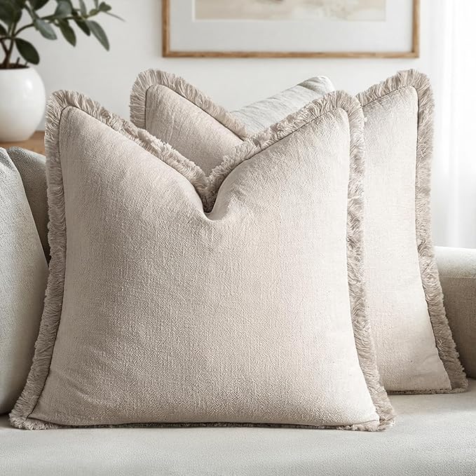 MIULEE Linen Fringe Decorative Throw Pillow Covers Natural Beige 16x16 | Set of by MIULEE