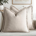 MIULEE Linen Fringe Decorative Euro Pillow Covers Natural Beige 24x24 | Set of 2 by MIULEE